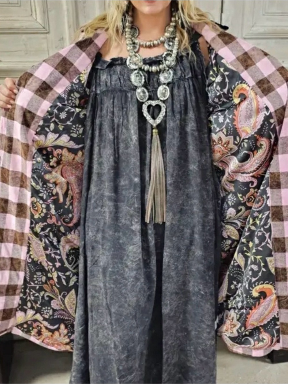 A Rare Bird| Pink and Brown Oversized Trench Coat with Plaid Pattern